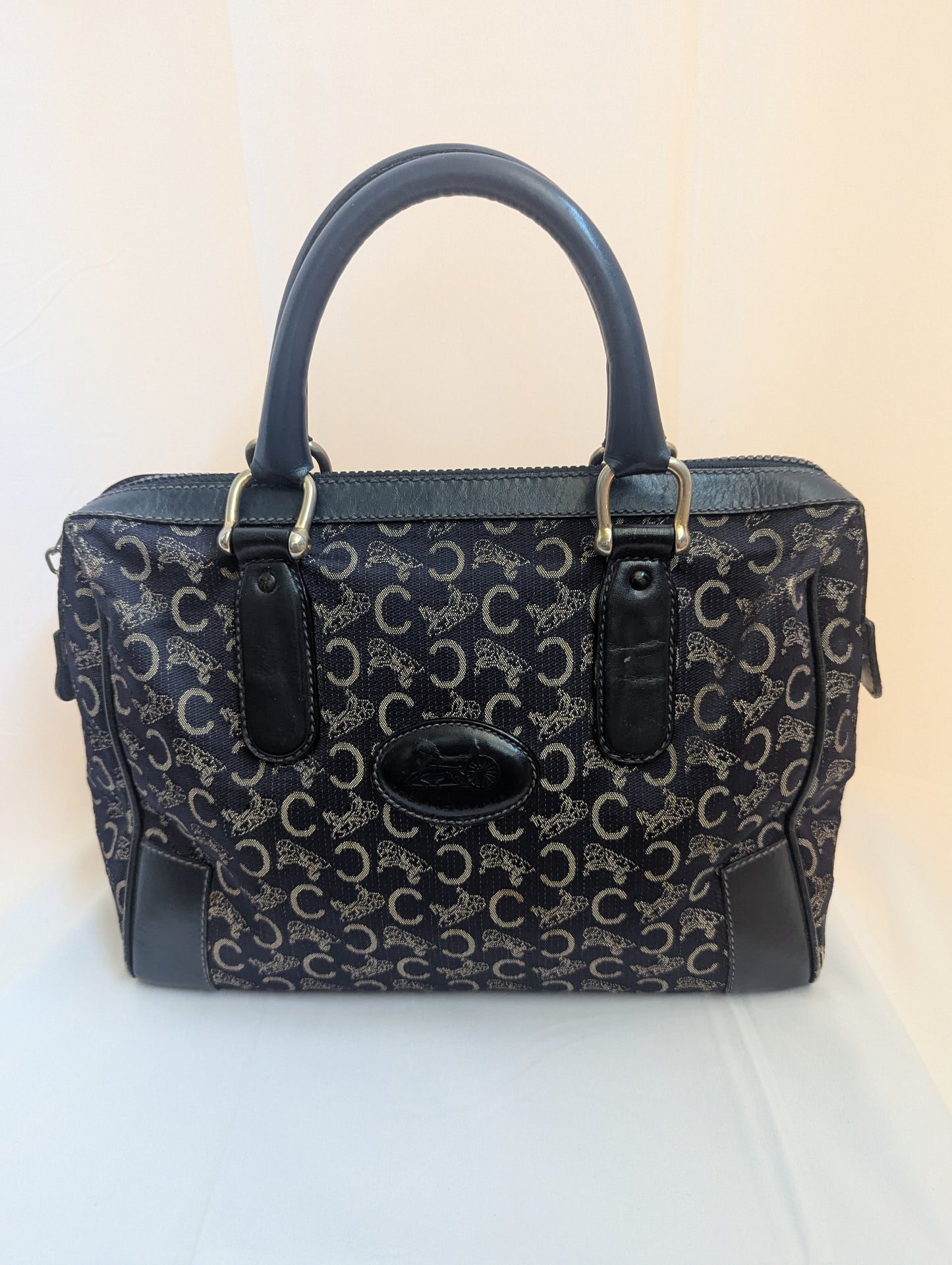 Celine Vintage Macadam Canvas Navy Carriage Logo Boston Handbag