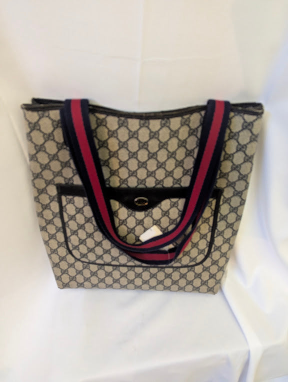 Gucci Coated Canvas with Navy Leather Accents and Navy and Red Straps with Front Packet Tote