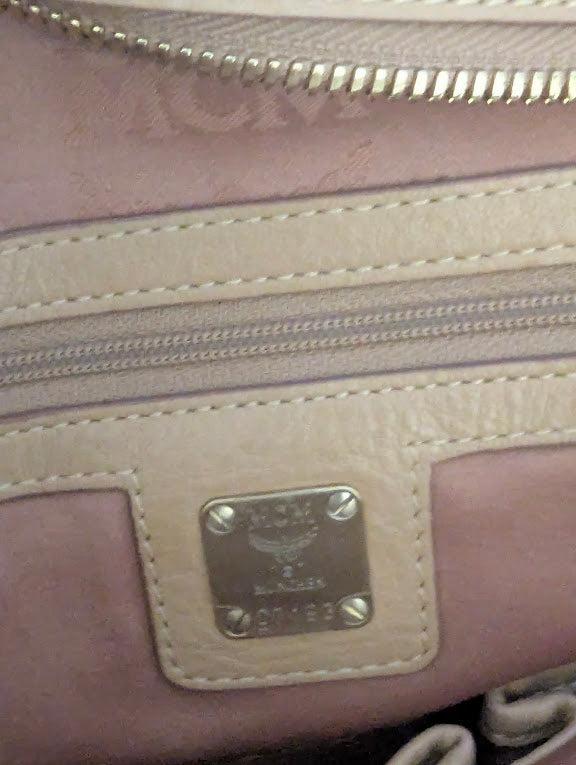MCM Beige Leather with Embossed Logo Print Handbag