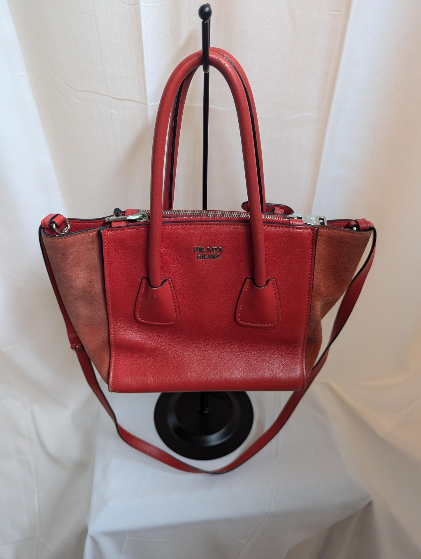 Prada Glace Calf and Suede Mini Red Handbag with Crossbody Strap