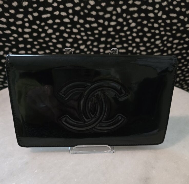 Chanel Black Patent Colored Camillia Flowers Series 12 Wallet in Box