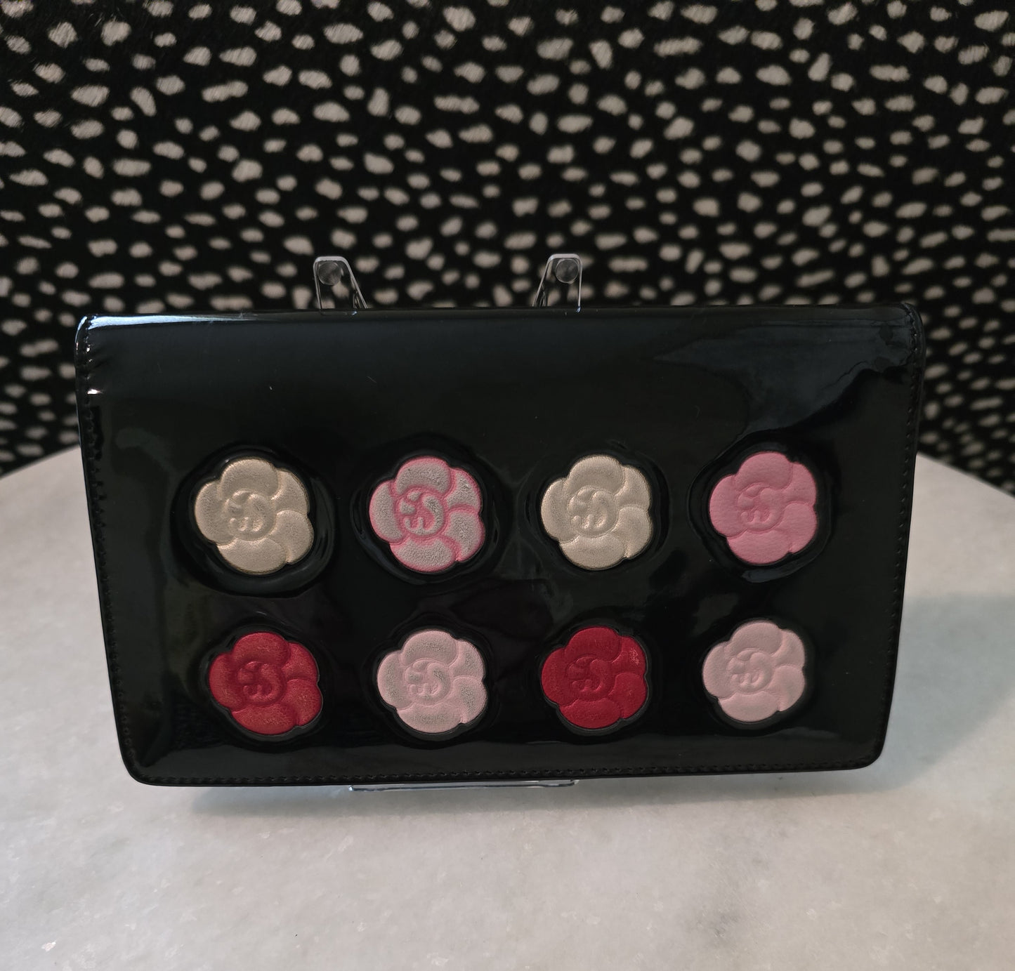 Chanel Black Patent Colored Camillia Flowers Series 12 Wallet in Box