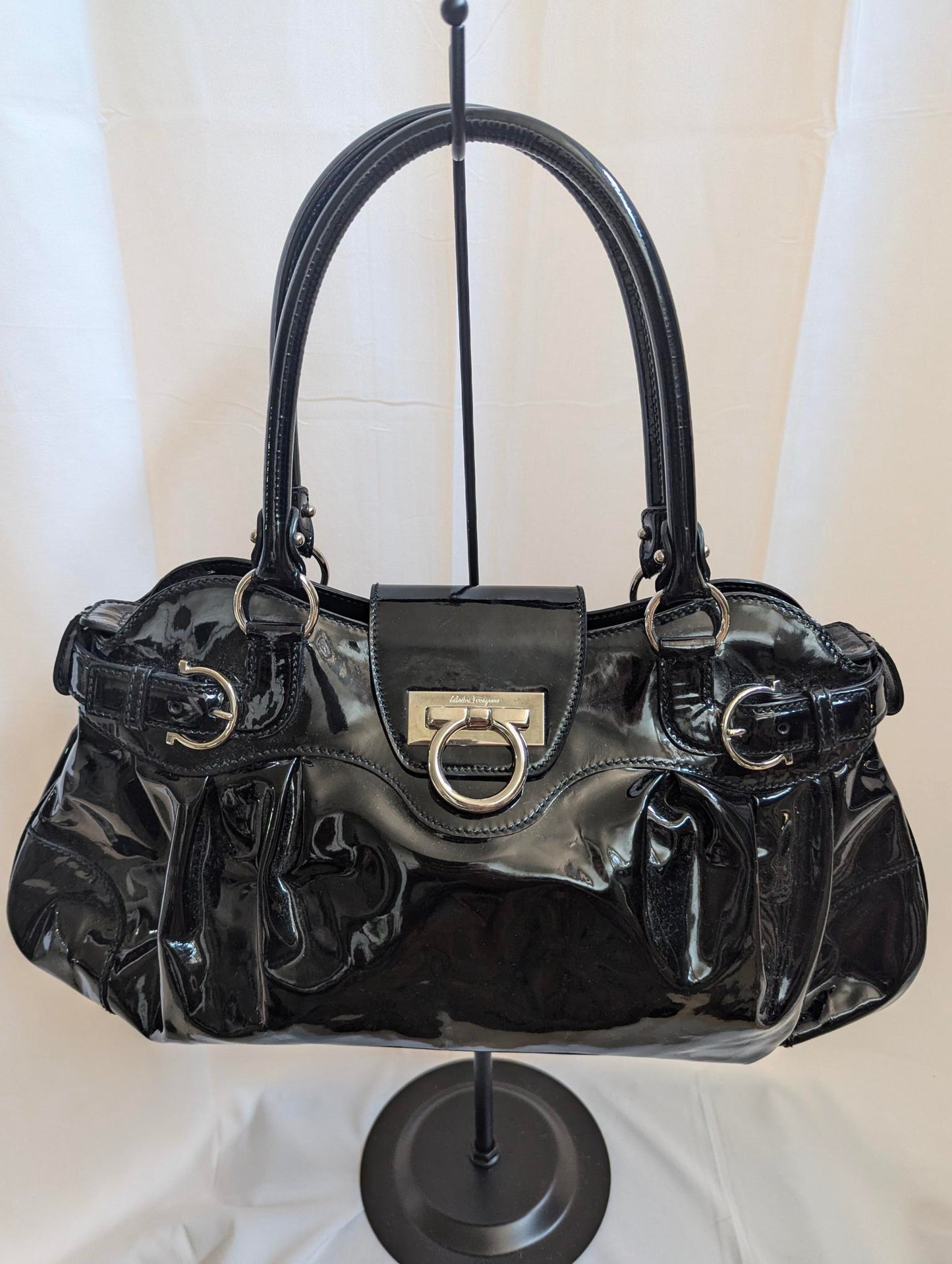Ferragamo Black Patent Leather Gancini Handbag