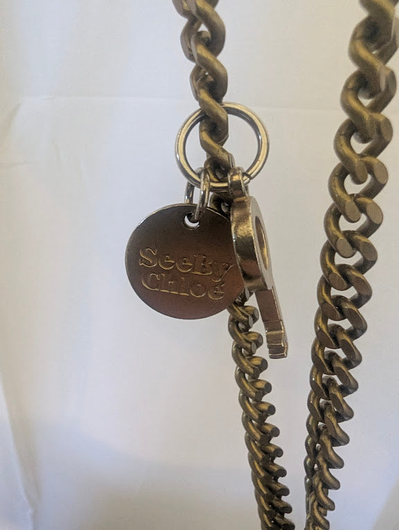 Chloe SeeBy Beige Leather Gold Chain Shoulder Bag