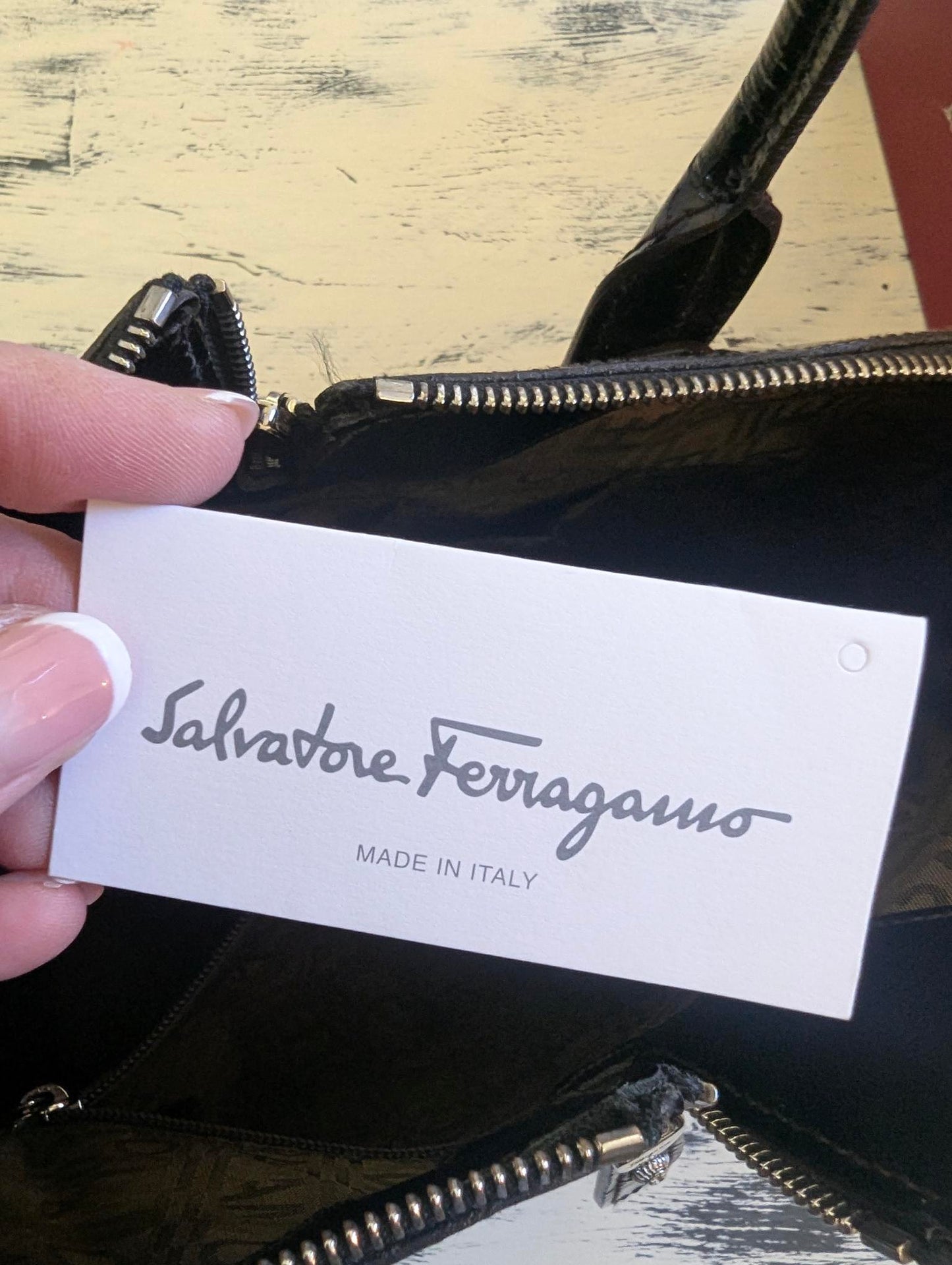 Ferragamo Black Patent Leather Handbag with Box