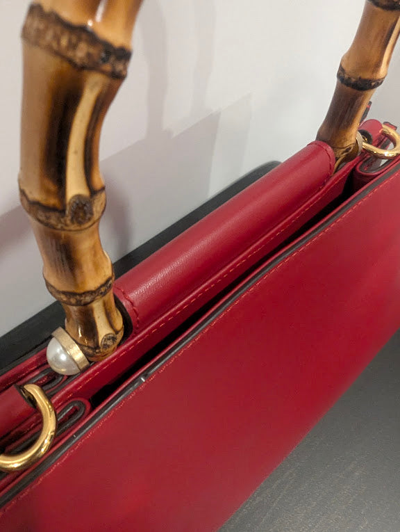 Gucci Red Mini Bamboo Nymphaea Satchel with Faux Pearls - No Strap
