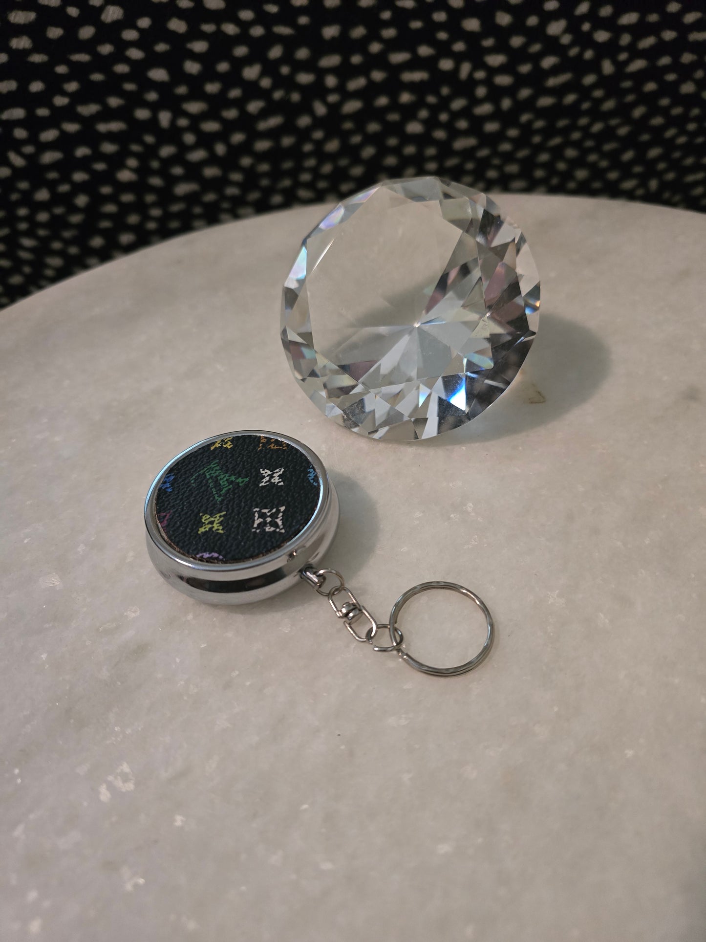 Upcycled Silver pillbox keychain with LV real cover