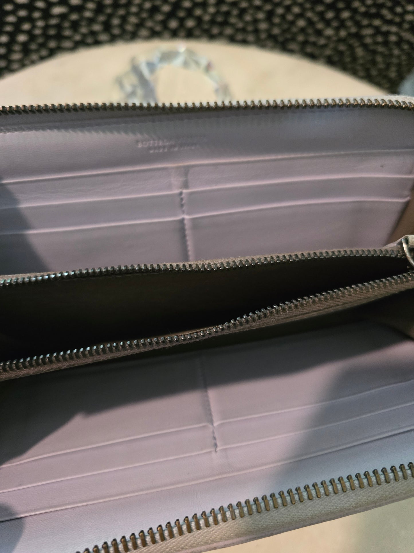 Bottega Veneta White Woven Zippy with Animal Print Squares