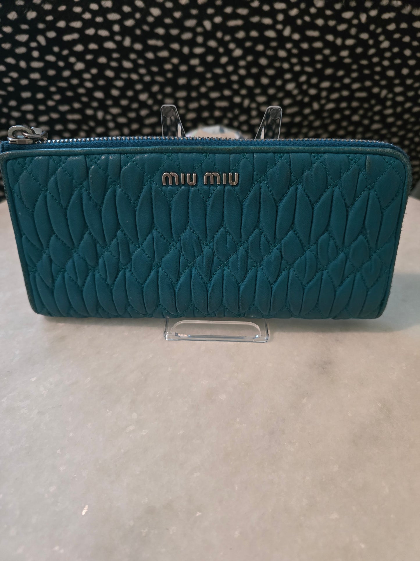 Miu Miu Teal Leather Materase L-Shaped Zip Wallet