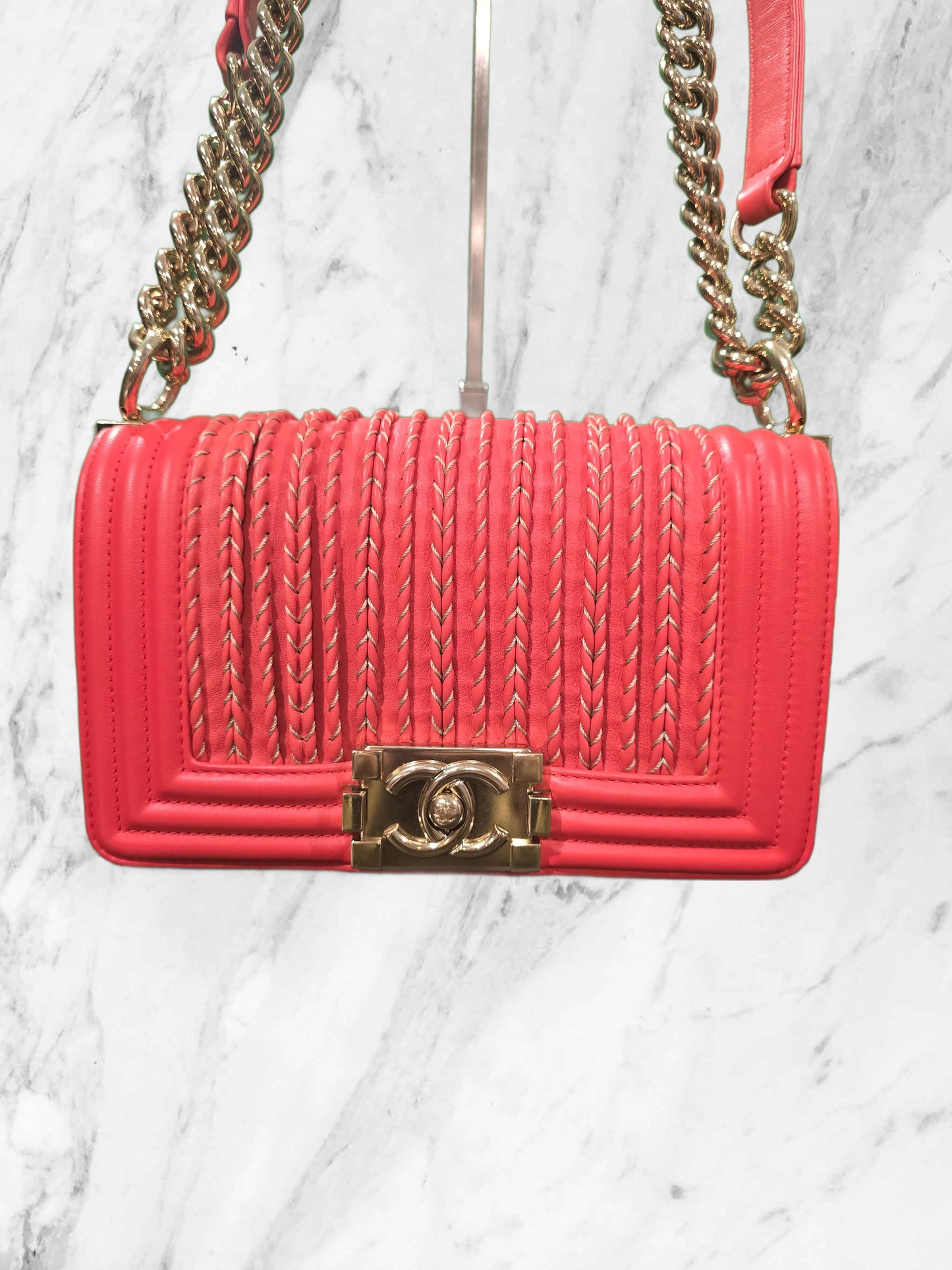 CHANEL STITCHED CAVIAR PINK BOY BAG - LIKE NEW