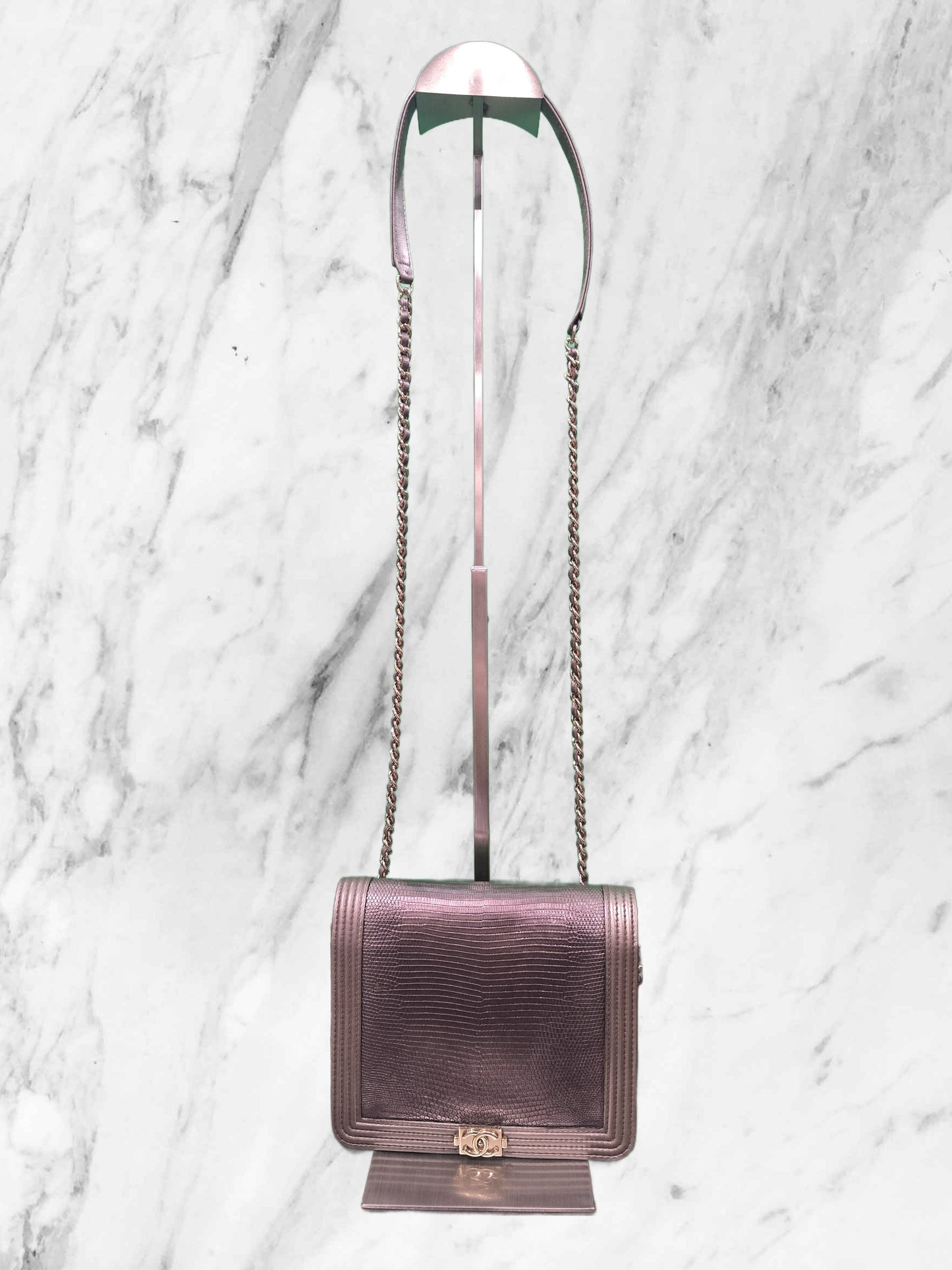 CHANEL LIMITED EDITION METALLIC LIZARD LAMBSKIN BOY SQUARE WALLET ON CHAIN