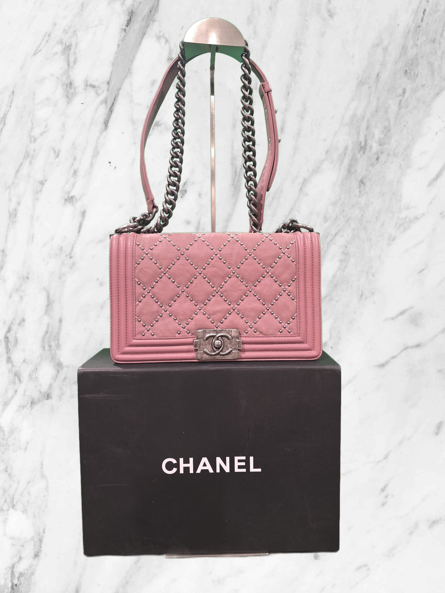 CHANEL QUILTED & STUDDED 'MEDIUM' CAVIAR LEATHER BOY BAG