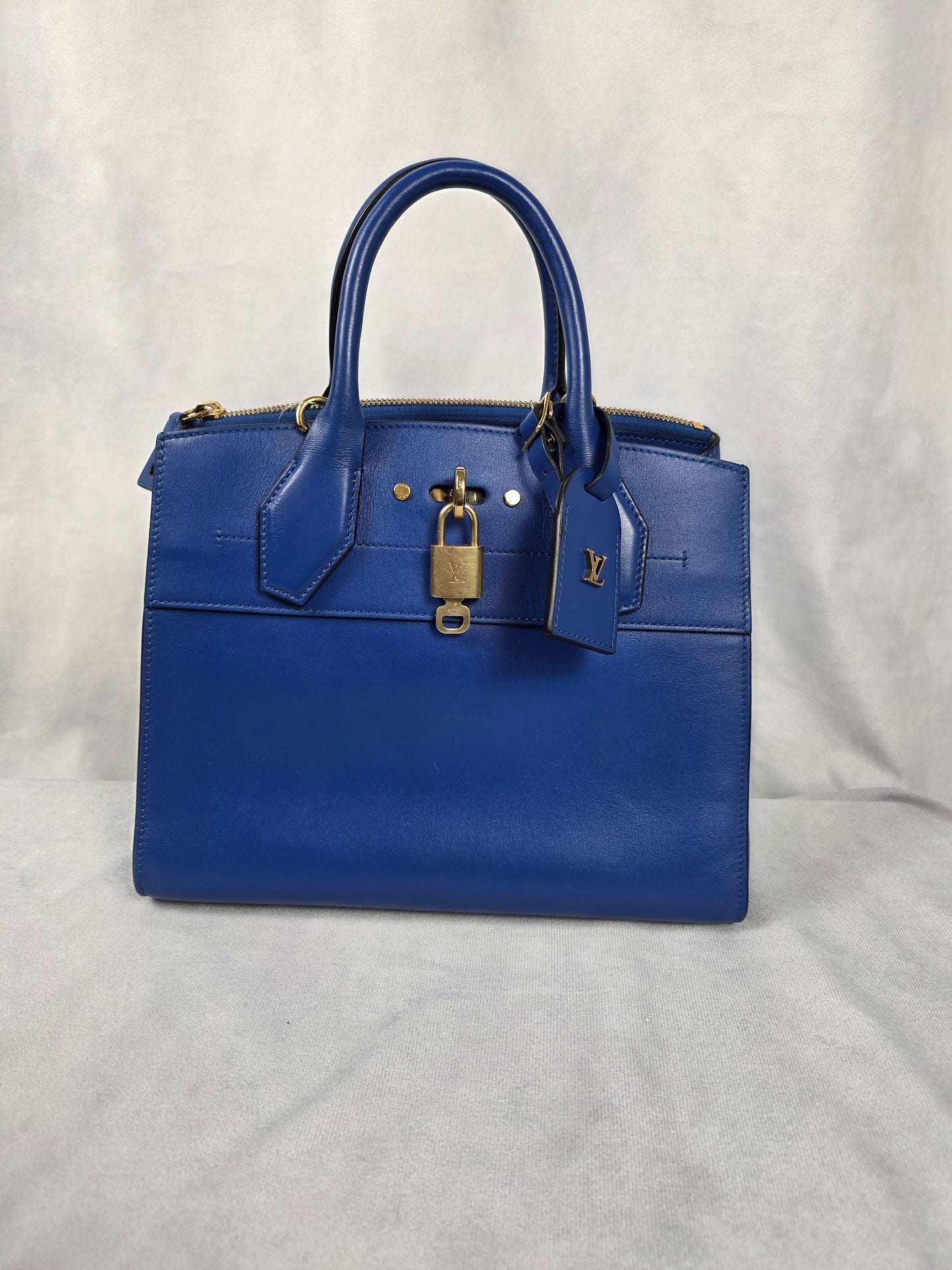LOUIS VUITTON BLUE CALFSKIN CITY STEAMER TOP HANDLE BAG
