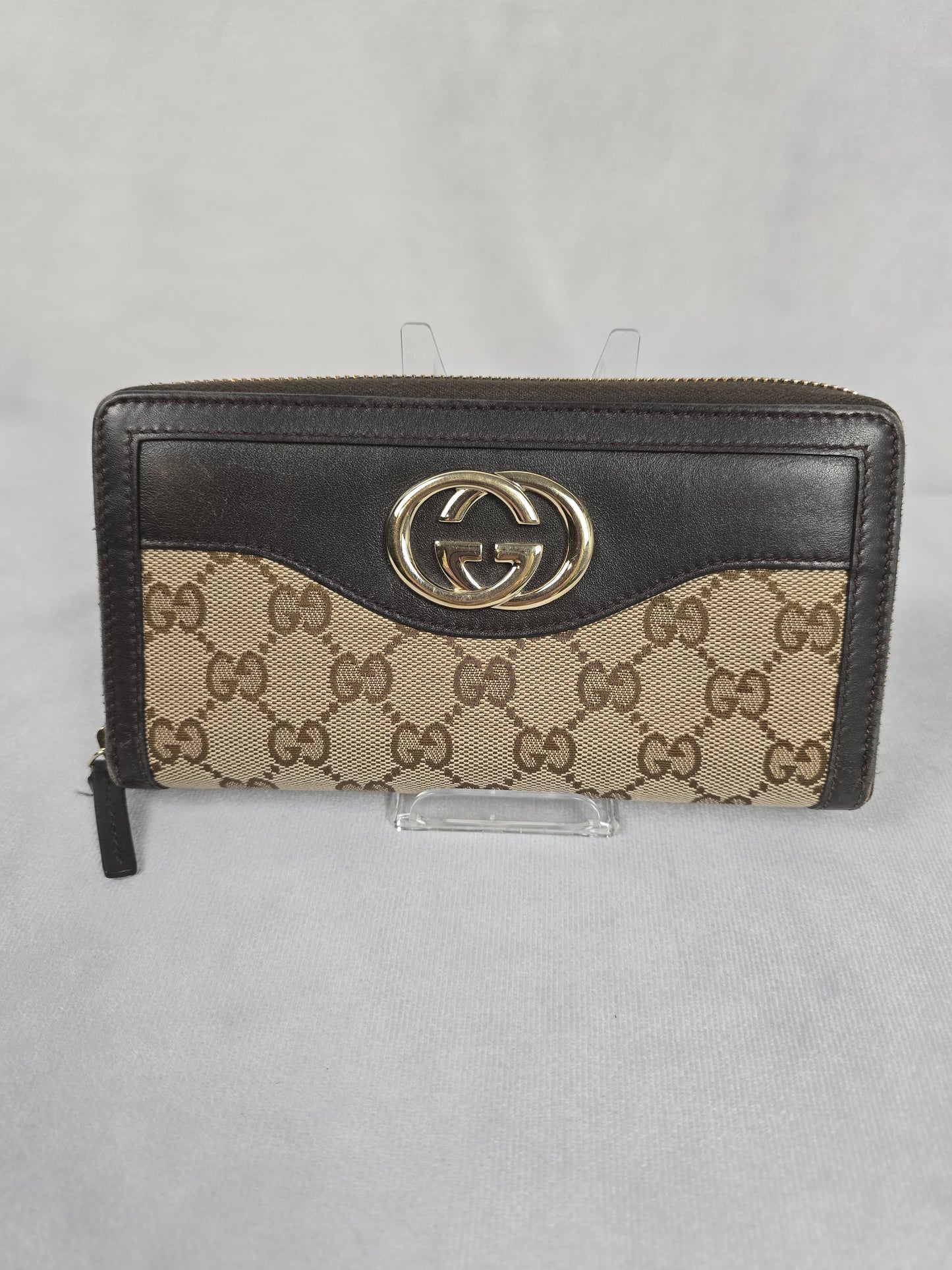 Gucci GG Canvas Margaux Brown Leather Trim Zippy Wallet