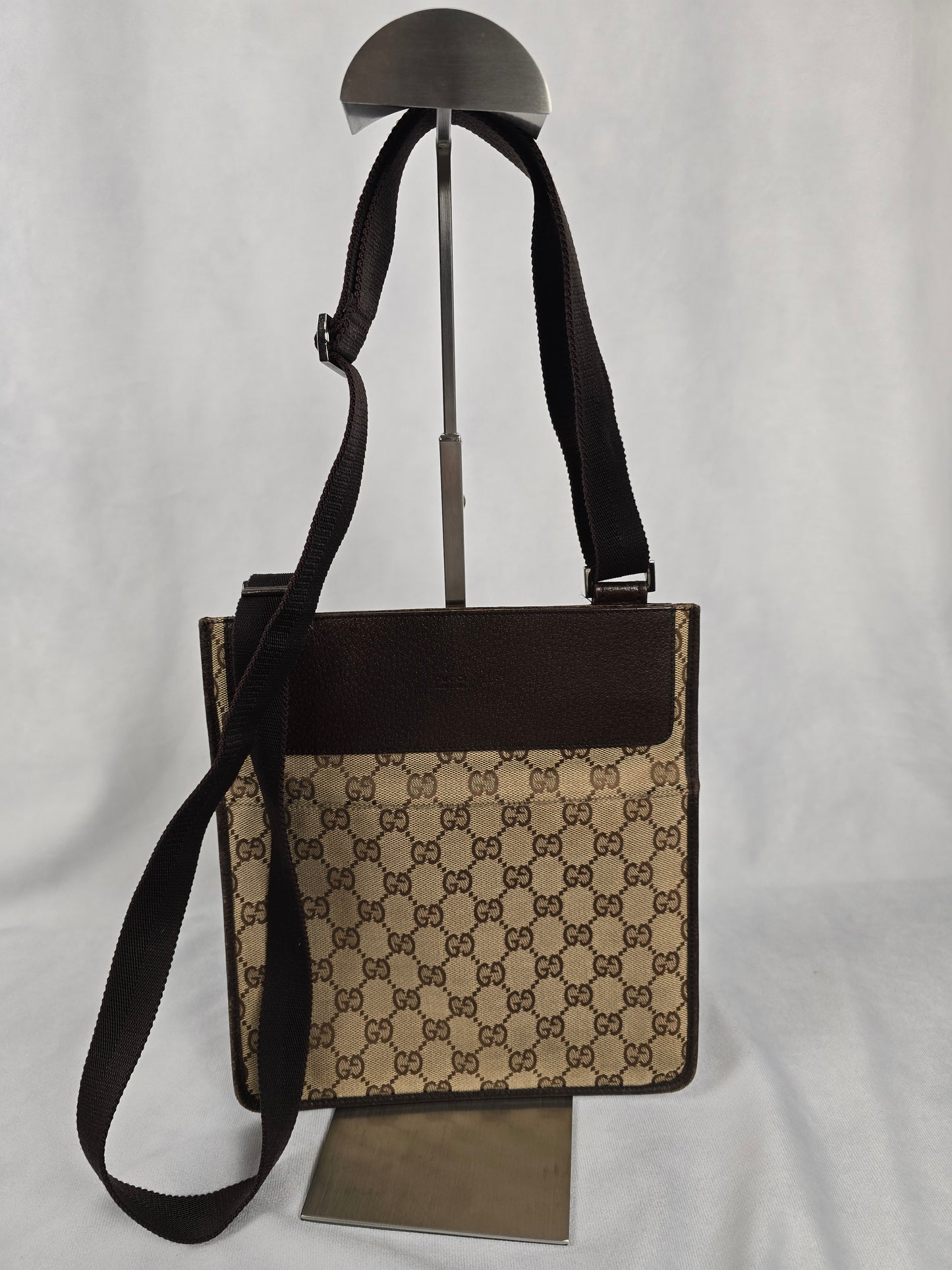 Gucci GG Canvas Crossbody Bag with Brown Leather Trim