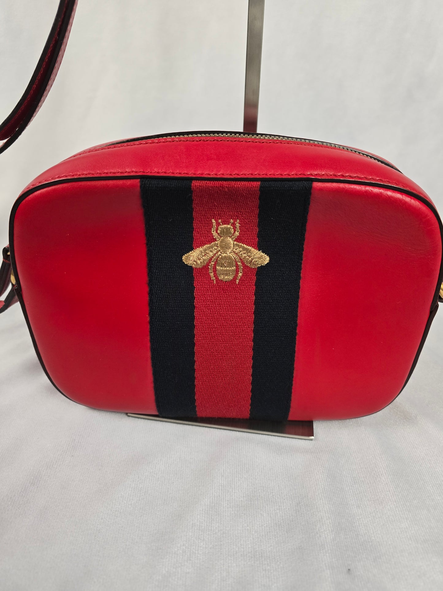 Gucci Bee Webby Red Calfskin Leather Crossbody