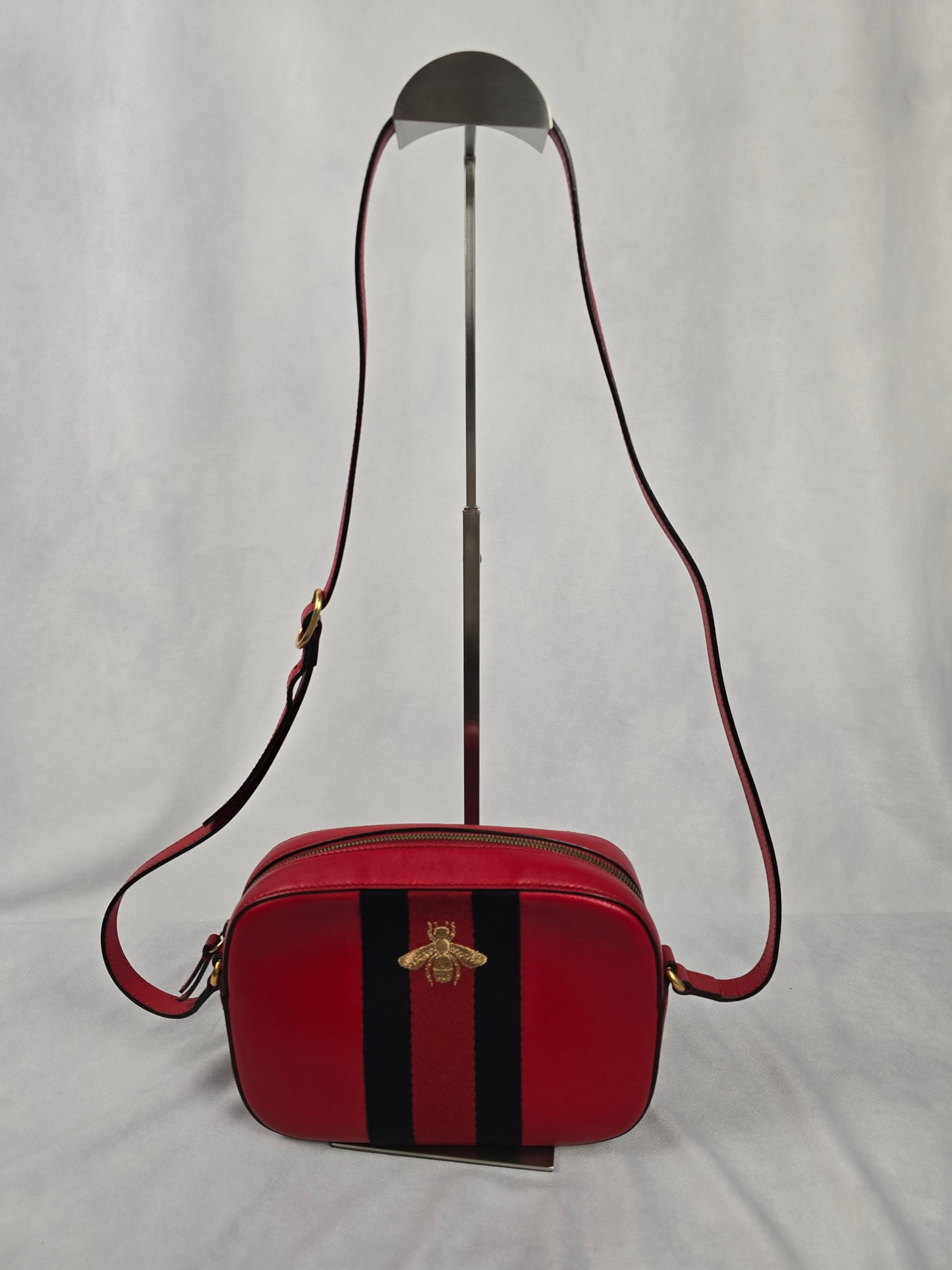 Gucci Bee Webby Red Calfskin Leather Crossbody
