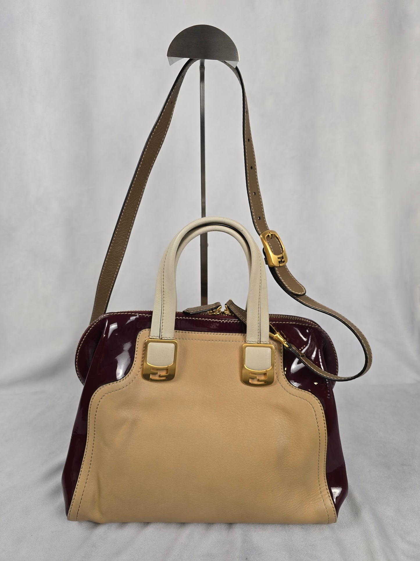 Fendi Canvas and Burgundy Patent Leather Two-Way Handbag