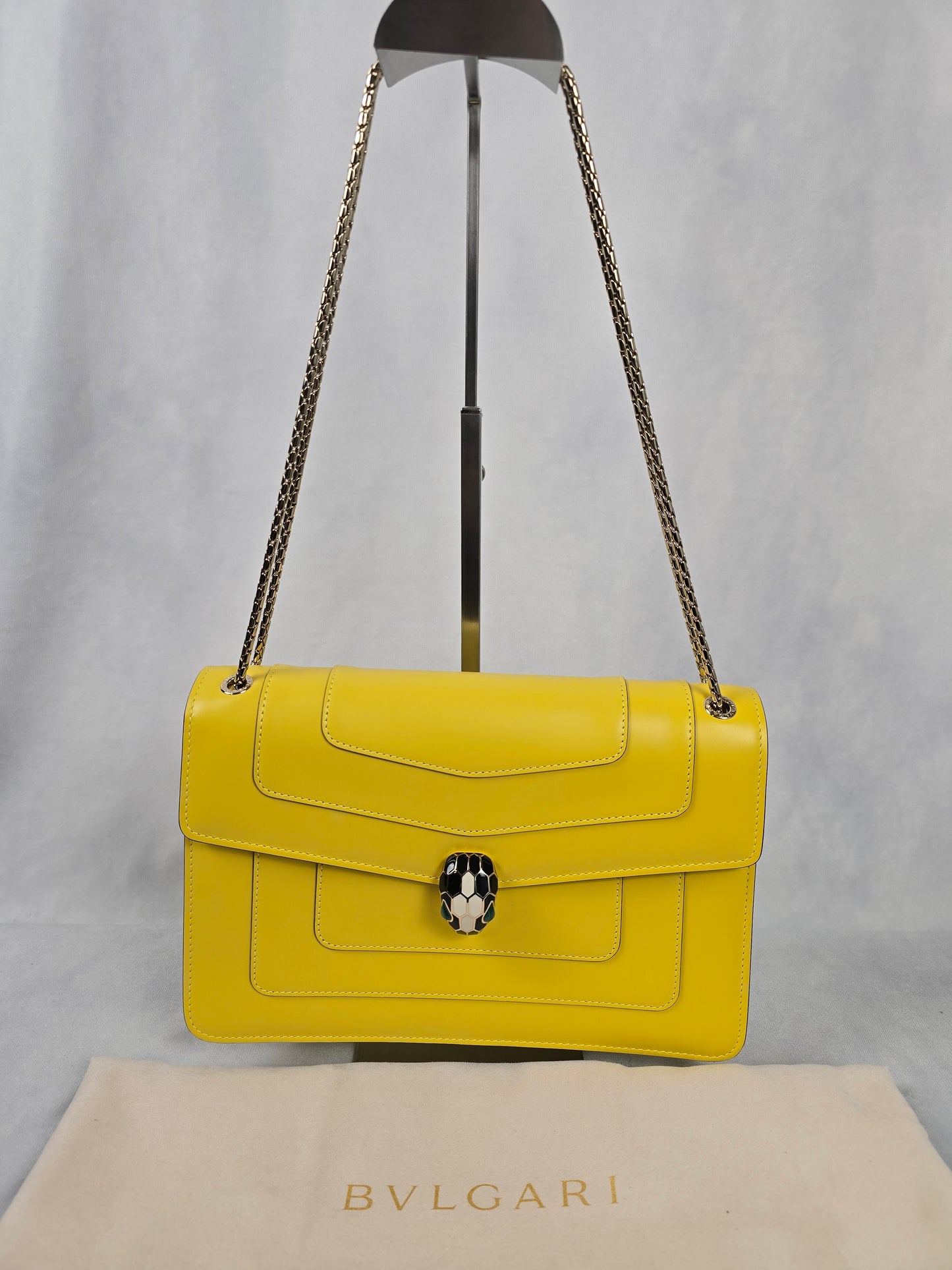 Bvlgari Serpenti Large Calfskin Leather Yellow Handbag with Shoulder Chain Strap