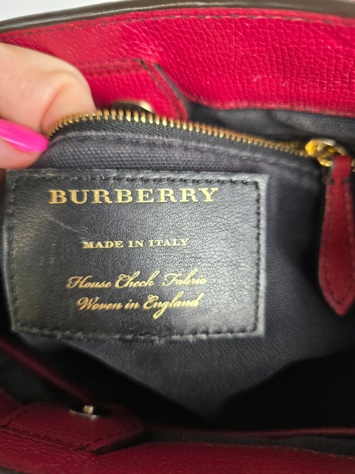 Burberry Red Leather with House CheckSides Two-Way Handbag