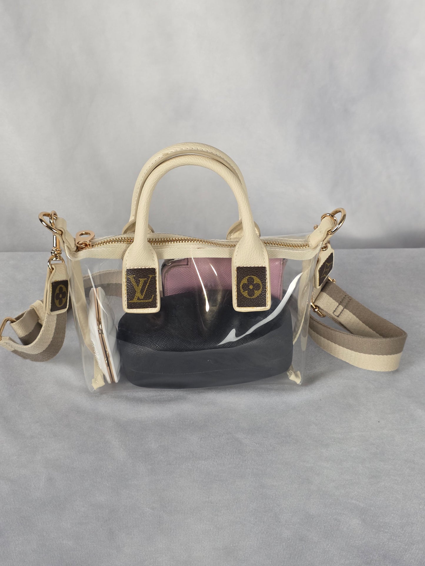 UPCYCLED STADIUM BAG WITH LUXURY ACCENTS, CREAM/CLEAR