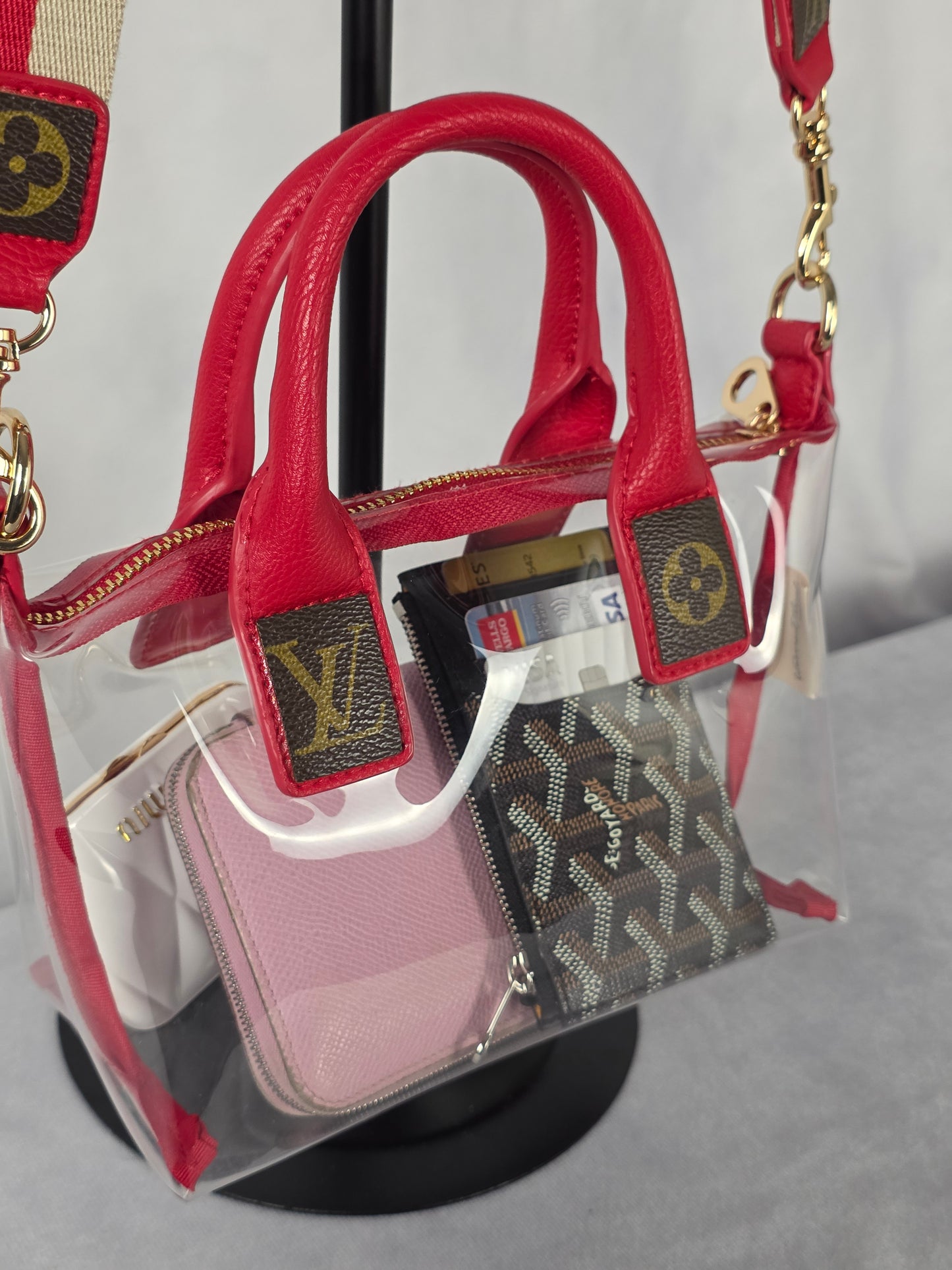 UPCYCLED STADIUM BAG WITH LUXURY ACCENTS, RED/CLEAR