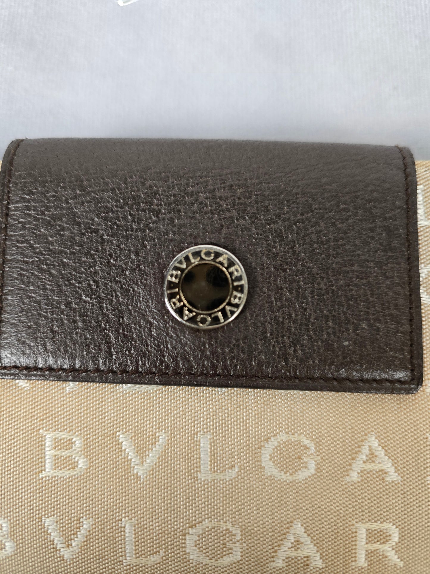 Bvlgari Vintage Tan Canvas and Brown Leather Double Bifold Wallet