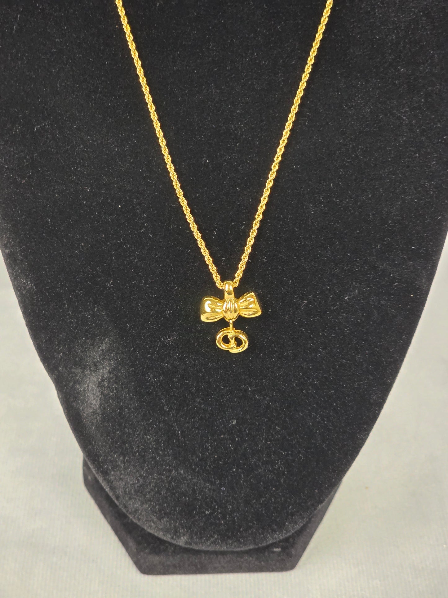 Vintage Christian Dior Gold-Plated Ribbon "CD" Logo Pendant Necklace