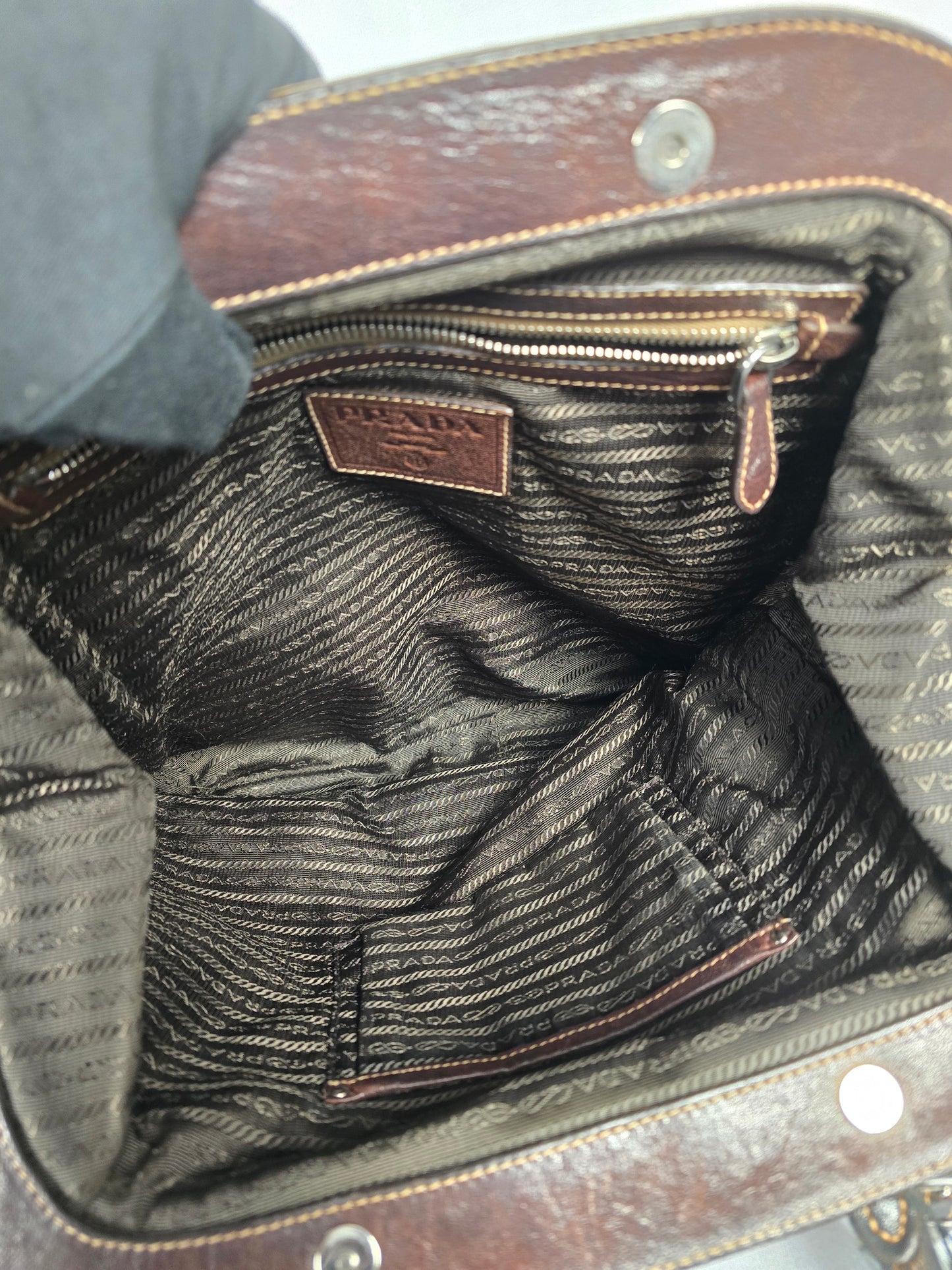 Prada Logo Black Canvas and Brown Leather Canapa Jacquard Tote