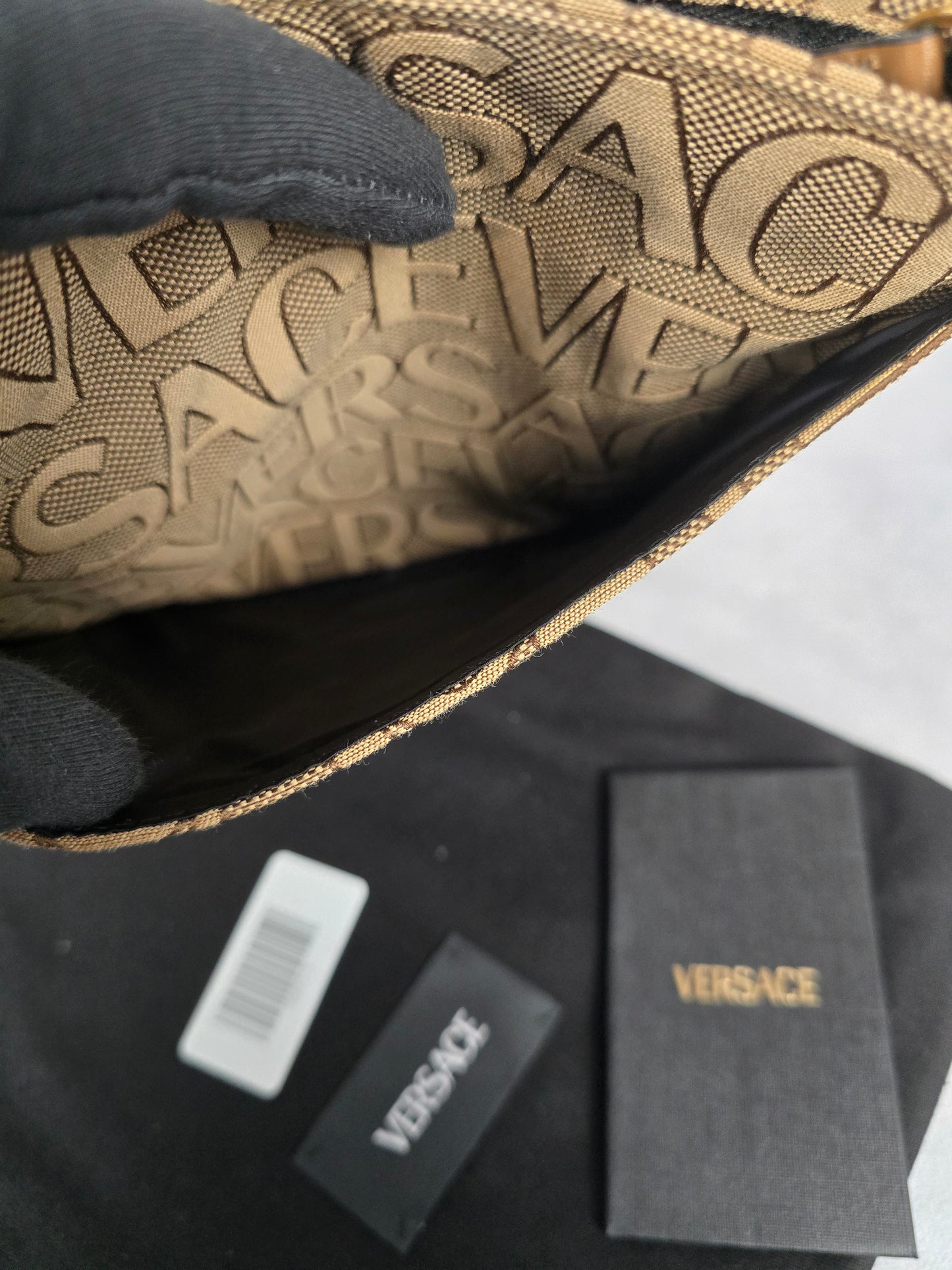 Versace La Medusa Canvas Crossbody in Beige with Black Strap - NEW