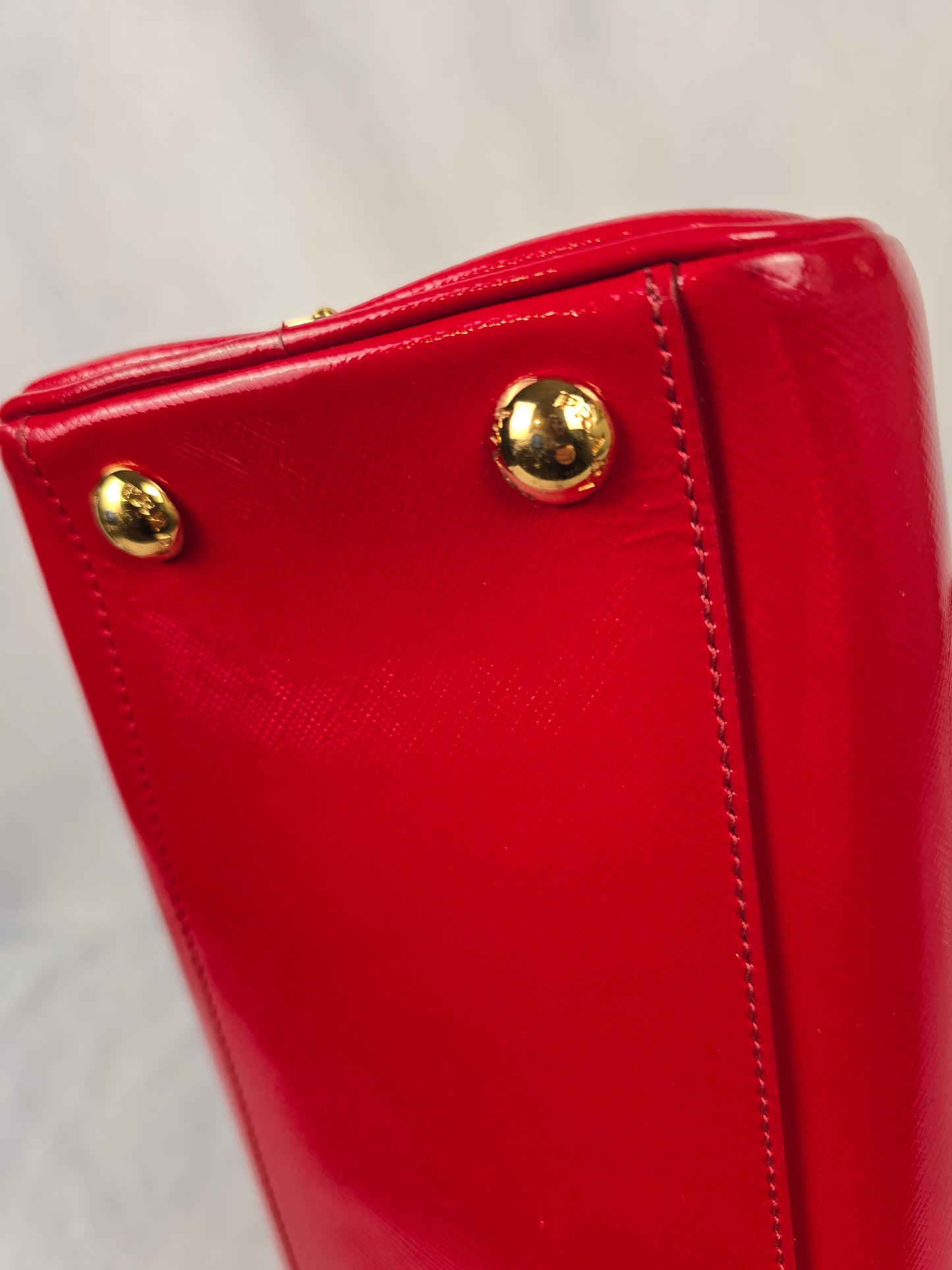 Prada Red Saffiano Vernice Pyramid Frame Top Handle Bag