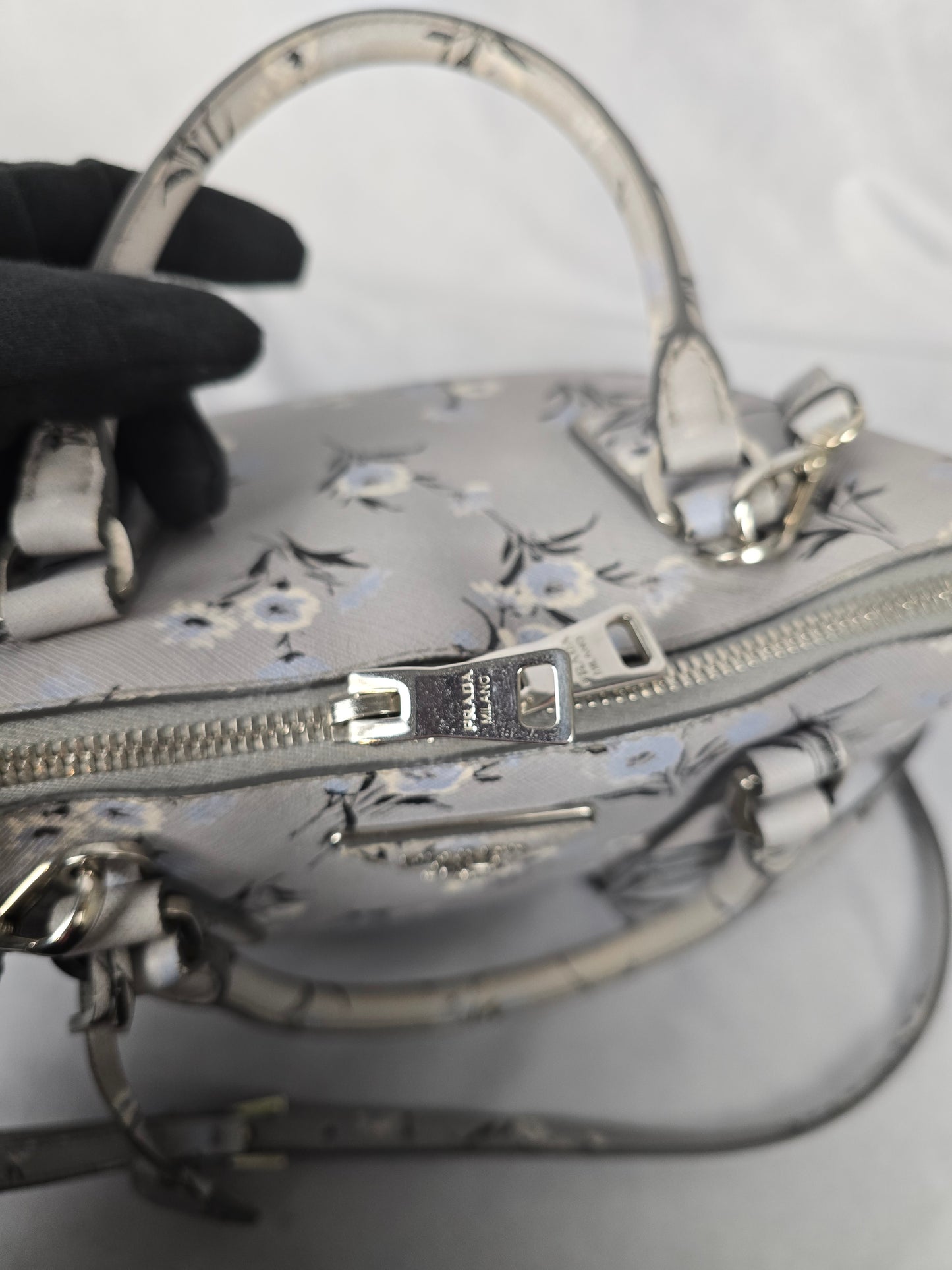 Prada Galleria Saffiano Soft Leather Gray Floral Two-Way Hanbag