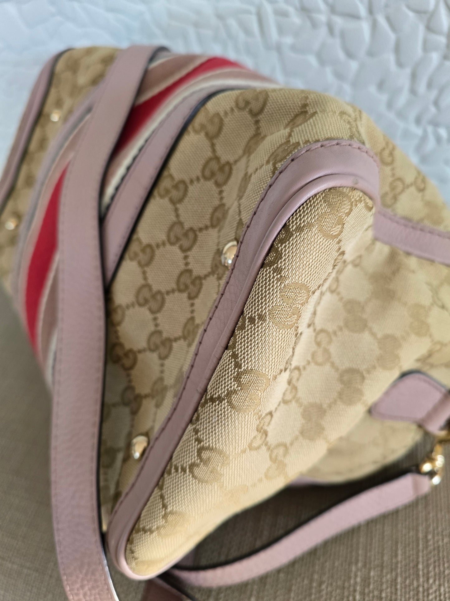 Gucci Vintage Web Boston Bag in Beige GG Canvas with Leather Trim