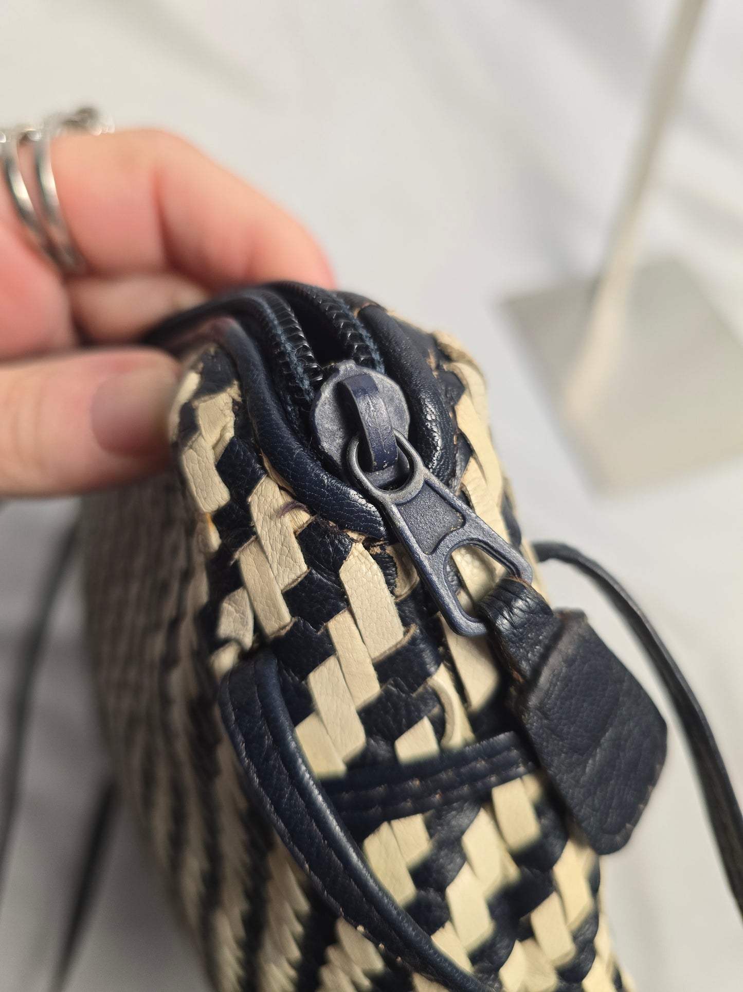 Fendi Vintage Woven Leather Crossbody in Navy/White