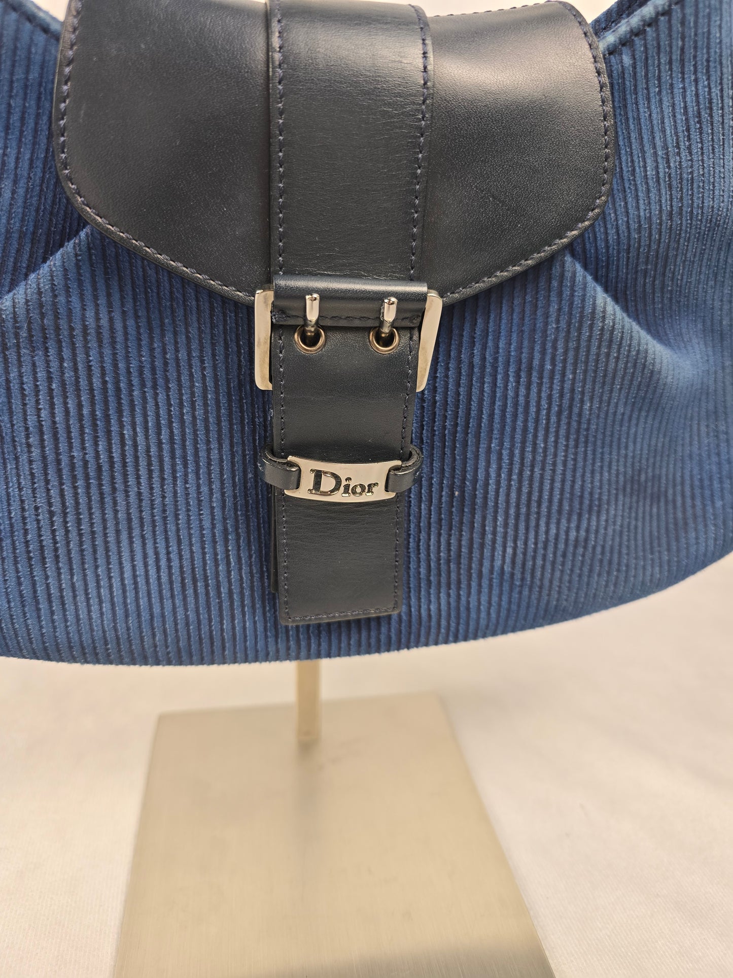 Christian Dior Blue Corduroy and Leather Shoulder Bag