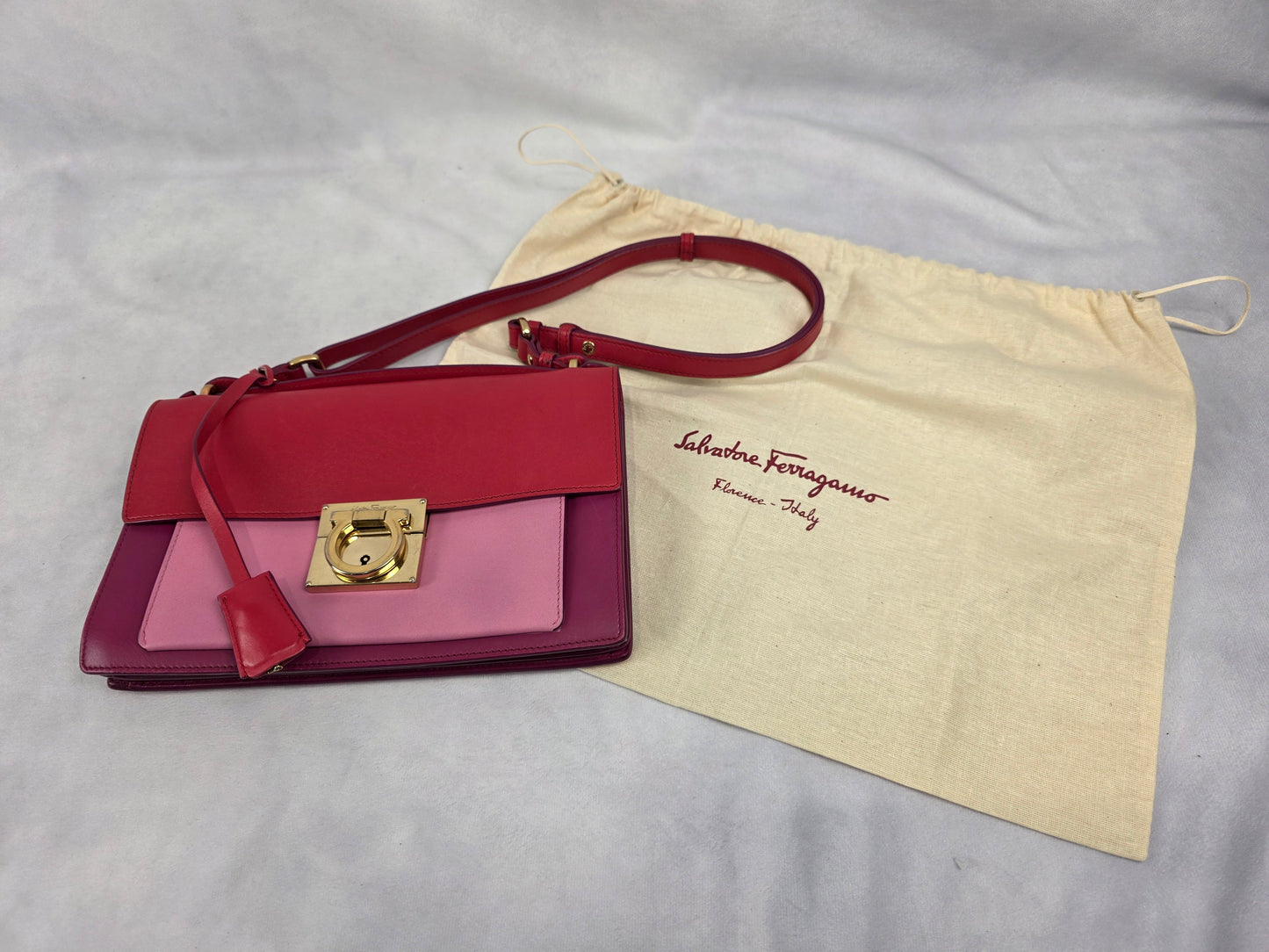 Salvatore Ferragamo Aileen Gancio Lock Shoulder Bag Tri-Color Pink Red Leather