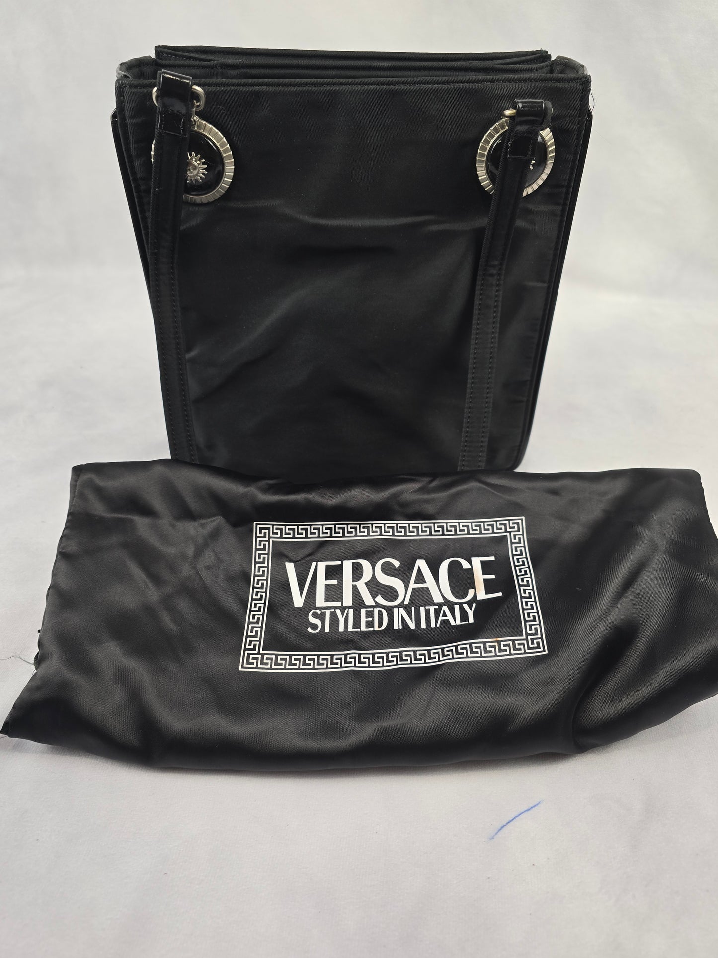Versace Nylon and Black Patent Leathe Black Sunburst Shoulder Bag