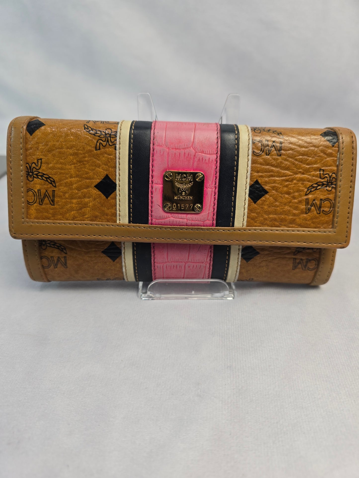 MCM Visetos Trifold Wallet with Pink Stripe Pattern