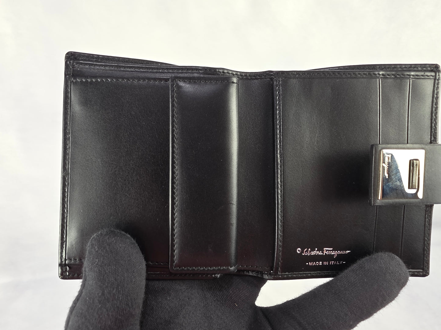 Salvatore Ferragamo Gancini Bifold Compact Wallet in Black Leather