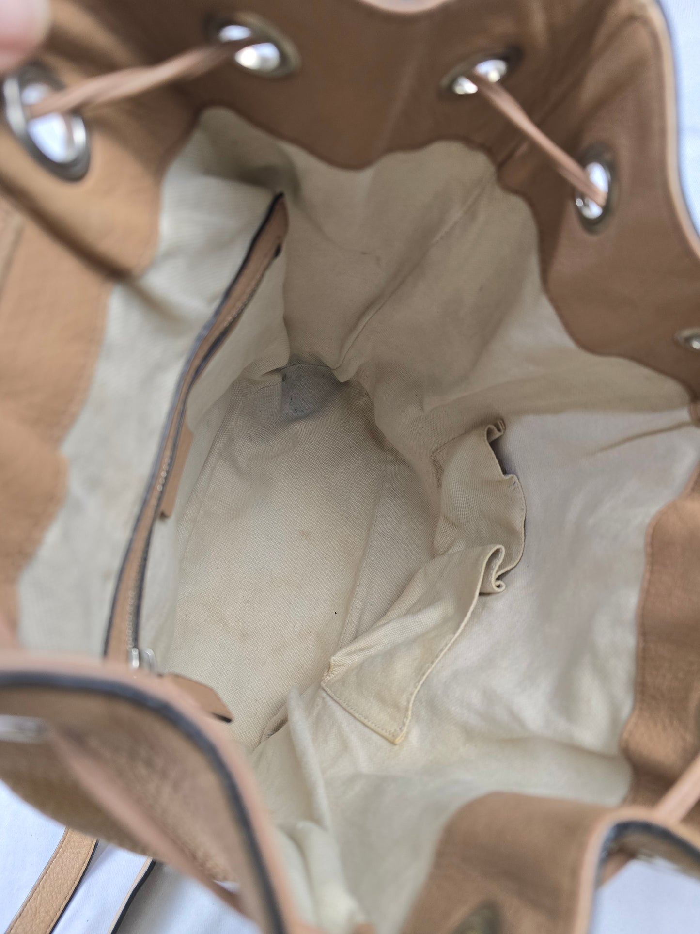 Gucci Soho Pebbled Leather Drawstring Backpack in Tan