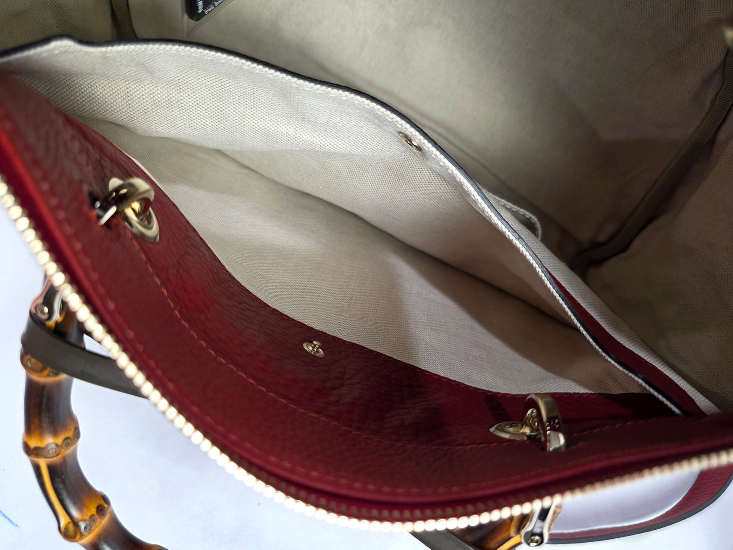 Gucci Medium Red Pebbled Calfskin Leather Bamboo Shopper Boston Bag