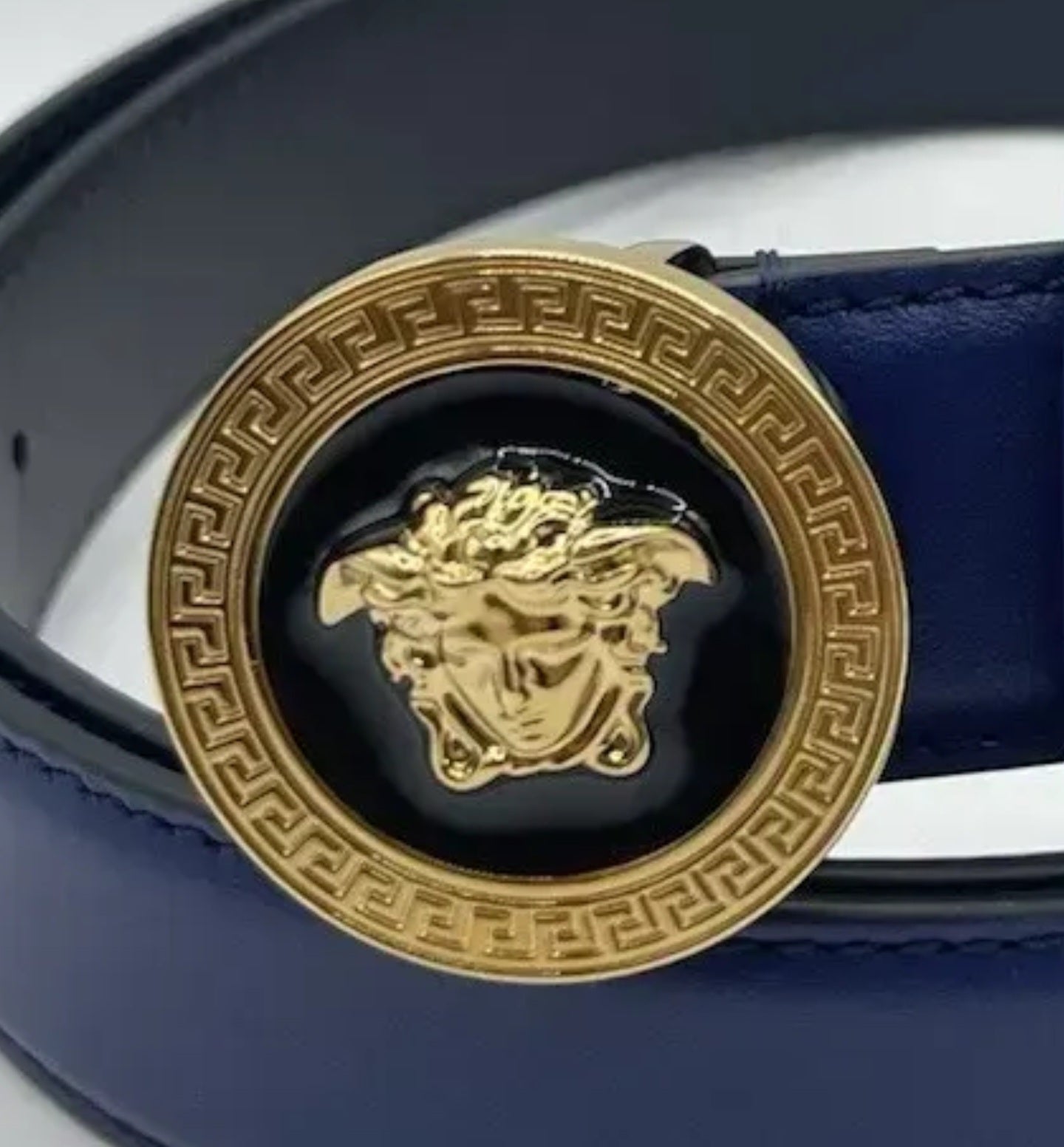 Versace Blue Leather La Medusa Belt, Size 95 (33"- 37")