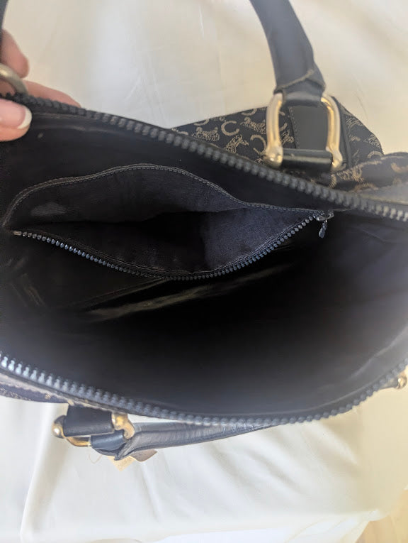 Celine Vintage Macadam Canvas Navy Carriage Logo Boston Handbag