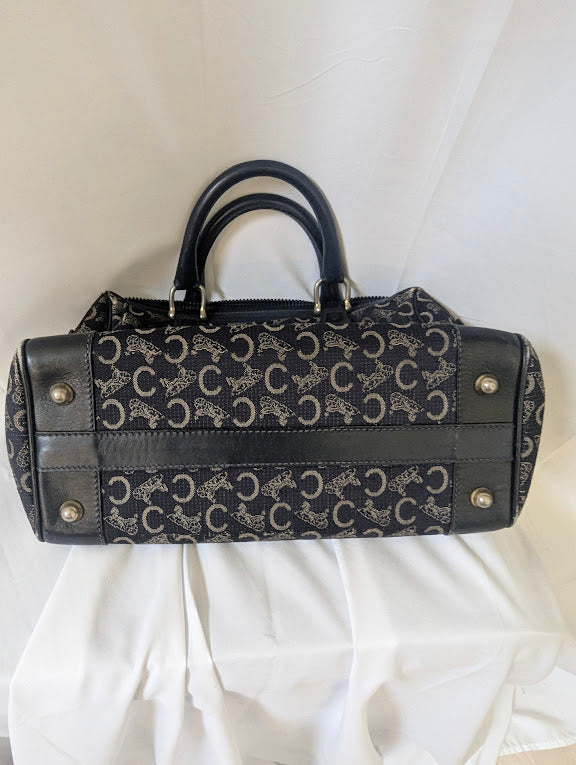 Celine Vintage Macadam Canvas Navy Carriage Logo Boston Handbag