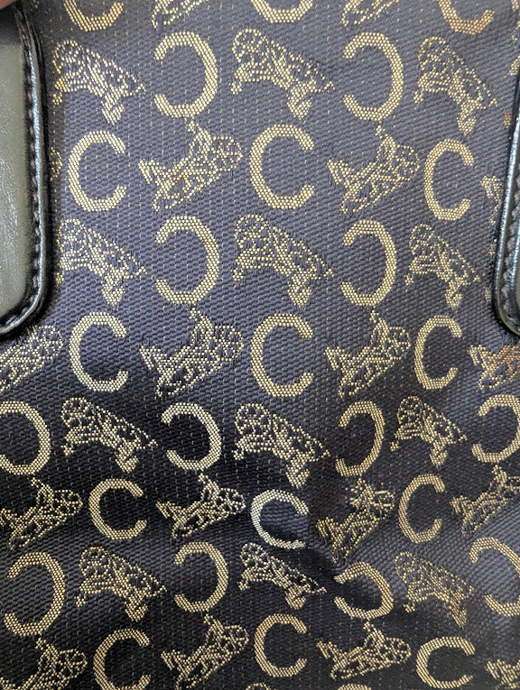 Celine Vintage Macadam Canvas Navy Carriage Logo Boston Handbag