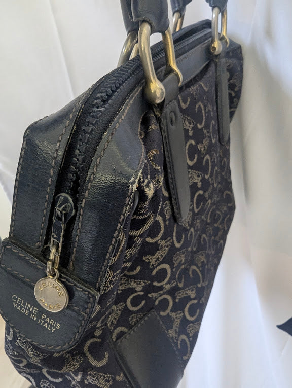 Celine Vintage Macadam Canvas Navy Carriage Logo Boston Handbag