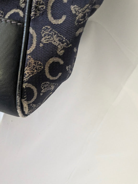 Celine Vintage Macadam Canvas Navy Carriage Logo Boston Handbag