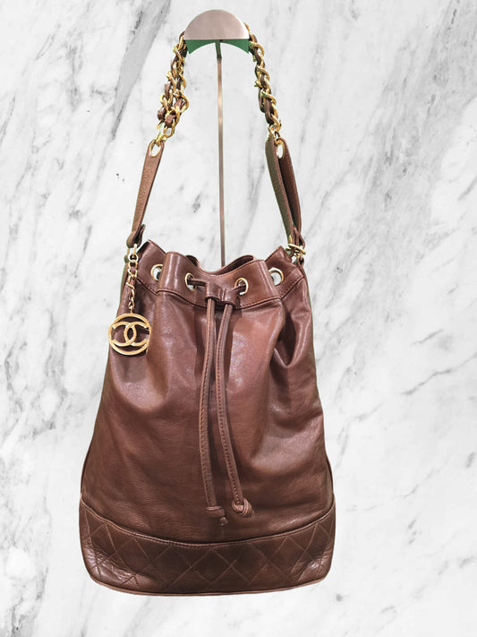 CHANEL CHOLCATE BRONZE LAMBSKIN DRAWSTRING BUCKET BAG & BABY - Vintage