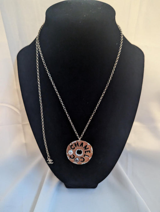 Chanel Pearl Embellished Logo Medalion Necklace