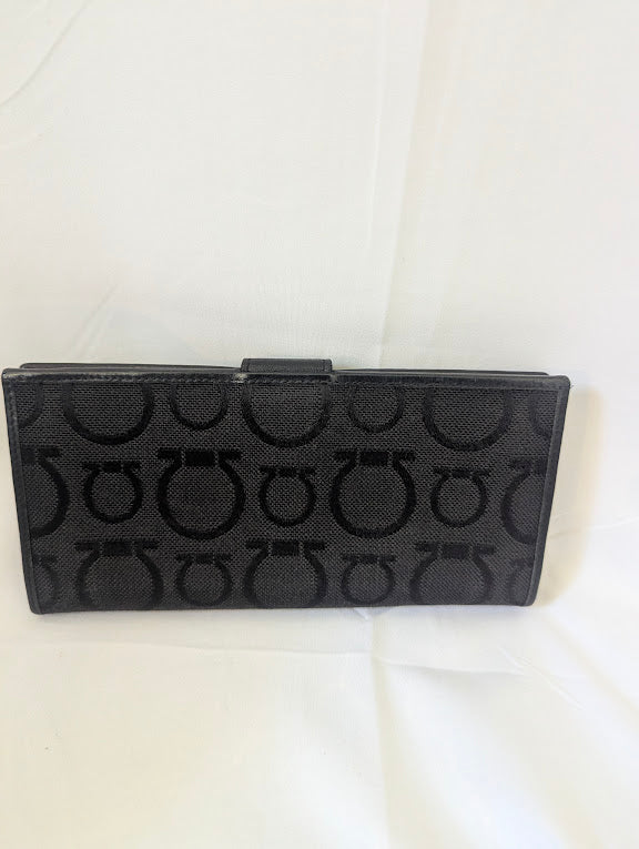 Ferragamo Black Gancini Canvas Long Wallet